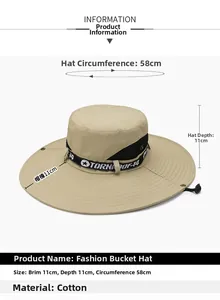 Detail view of beige cotton sun hat with 11cm wide brim and black logo webbing strap