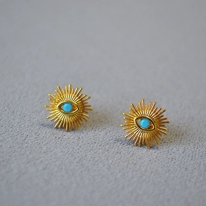 Vintage gold plated sunflower evil eye stud earrings with blue turquoise center inlay