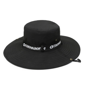Black outdoor wide brim sun hat with breathable mesh and adjustable windproof strap