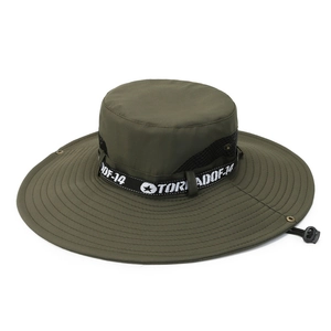 Army green wide brim outdoor sun hat with breathable mesh and adjustable chin strap