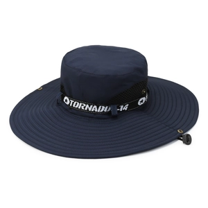 Solid navy blue wide brim sun hat with breathable mesh and adjustable chin strap