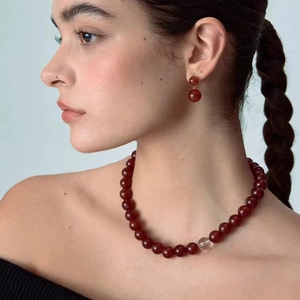 French retro red agate bead necklace with white crystal and magnetic clasp for women