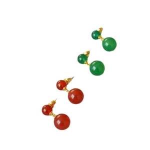 French design natural agate ball earrings with green and orange stones in gold finish