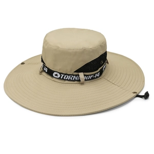 Close-up of khaki sun hat with breathable mesh panels and adjustable chin strap cord