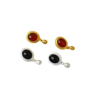 Vintage oval black onyx and red gem stud earrings with silver water drop pendants