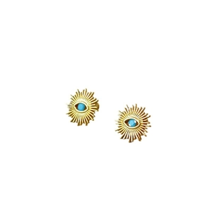 French vintage gold-plated brass sunburst evil eye stud earrings with turquoise