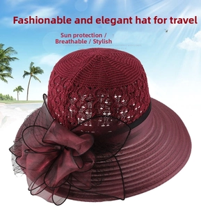Detail view of burgundy knitted sun hat with large mesh bow and breathable mesh crown