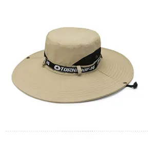 Detail of khaki sun hat with wide brim, reinforced stitching and breathable mesh panels
