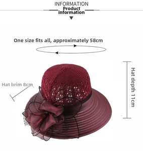 Detail showing dimensions of red knit sun hat with floral mesh decoration