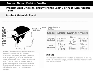 Size chart showing circumference 58cm and brim 10.5cm for this knit flower sun hat