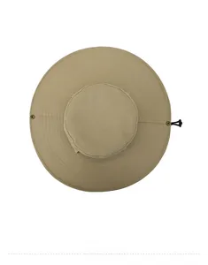 Top view of khaki wide-brim sun hat showing flat top and black adjustable drawstring