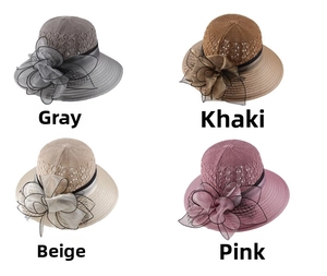Summer sun hats in grey, khaki, beige, and pink with large floral mesh decoration