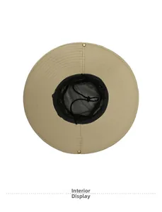 Detailed interior view of sun hat showing breathable mesh lining and adjustable chin strap