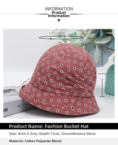 Pink daisy print sun hat details with 11cm depth and 5.5cm brim measurements