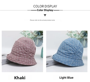 Detail view of khaki and light blue floral daisy bucket hats with stylish pleats