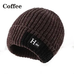 Men's winter coffee knit beanie with fleece lining and vintage H logo patch