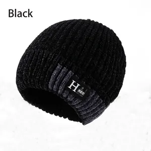 Winter men's black chenille knit beanie with thermal fleece lining and ribbed design