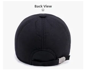 Detail view of the back of a wool baseball cap with an adjustable metal buckle