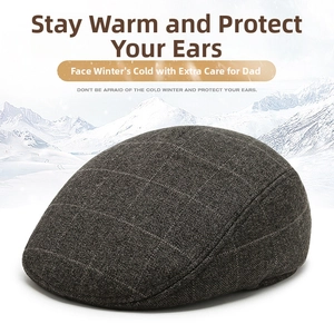 Winter thermal flat cap with ear flaps for men in grey plaid wool blend fabric