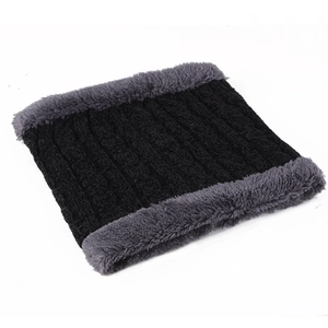 Close-up of black cable knit chenille neck warmer with grey faux fur trim detailing