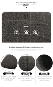 Close-up of dark grey plaid wool flat cap showing stitching and cotton sweatband