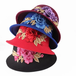Autumn winter women wool fedora hat with 3D floral embroidery in multiple colors