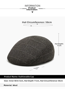 Detailed size chart for gray plaid flat cap with 58cm circumference and ear flaps