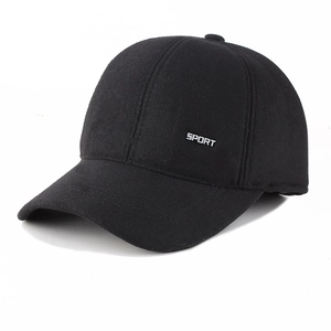 Winter black woolen baseball cap for men with ear flaps and SPORT metal logo detail