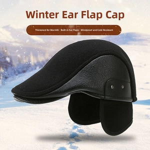 Men's winter flat cap with earflaps, thick fleece lining in black leather and wool