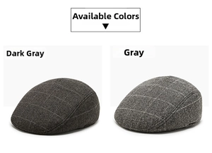 Detail view of winter plaid ivy caps for men in dark grey and grey colors