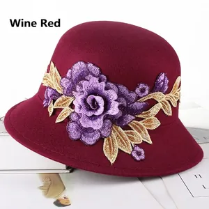 Elegant wine red wool cloche hat for women featuring purple floral embroidery detail