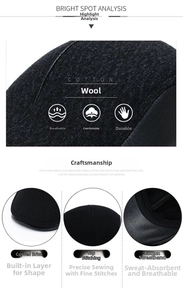 Detail of black wool beret cap featuring ear flaps and premium stitched sweatband