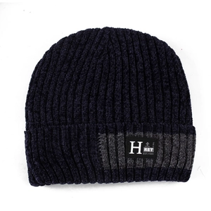 Winter men's navy blue chenille knit beanie with fleece lining and H logo patch