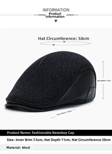 Detailed measurement of grey wool flat cap showing 58cm circumference and 11cm depth
