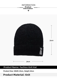 Detail view showing a black ribbed knit beanie with dimensions of 24cm by 24cm and logo patch