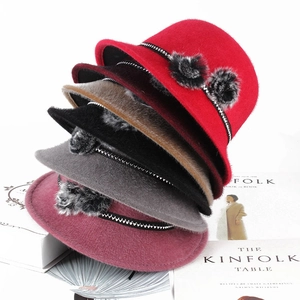 Women Vintage Cloche Bucket Hat Autumn Winter Warm Polyester Hat With Artificial Fur Pom Poms Elegant Adjustable Party Hat