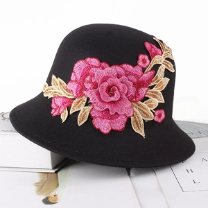 Women's autumn bucket hat in black felt with elegant 3D pink floral embroidery