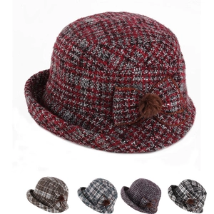 Chapeau Cloche Vintage en Tweed pour Femme Hiver Coton Polyester à Carreaux Chaud Avec Nœud Pompon pour Femmes Âgées