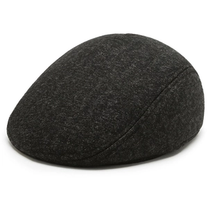 Winter wool flat cap for men with ear flaps in dark grey warm textured felt fabric