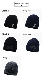 Detailed knit texture of thick winter beanies with M embroidery and 1975 letter patches