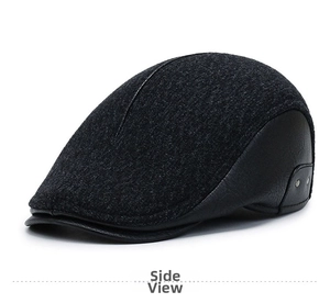 Detail view of winter grey tweed cap with side leather straps and metal rivet buckle