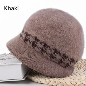 Winter khaki knit bucket hat with plush faux rabbit fur and glitter geometric band