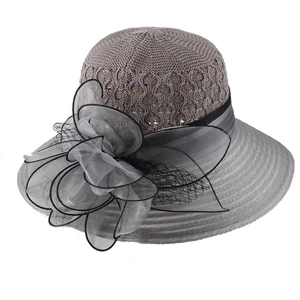 Women's grey knitted sun hat with organza floral accent and wide brim for summer