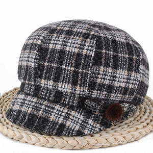 Vintage Plaid Tweed Newsboy Cap For Women Winter Warm Octagonal Hat With Pom Pom Decoration Retro Beret Painter Cap Fashion Accessories