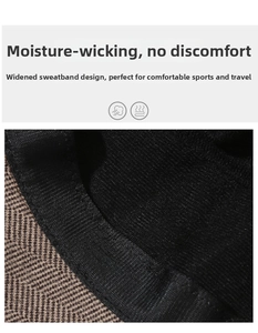 Detail of moisture-wicking sweatband and herringbone fabric on the winter bucket hat