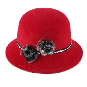Elegant red faux mink fur dome hat for women with fluffy dual pompoms and striped band