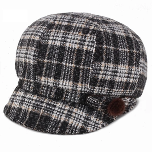 Vintage checkered octagonal baker boy hat for women with a brown faux fur pompom