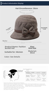 Size chart showing 58cm circumference and measurements for the wool cloche hat