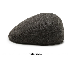 Side view of dark grey wool blend flat cap for men with a subtle plaid pattern texture