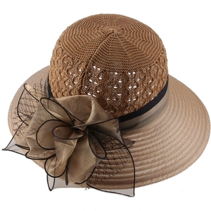 Women's foldable crochet straw hat with large mesh flower decoration in dark khaki